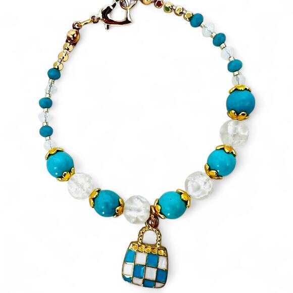 Sparkling Crystal & Stone Bracelet Handbag Charm Aqua & White 7.25'' Glam - Picture 5 of 5